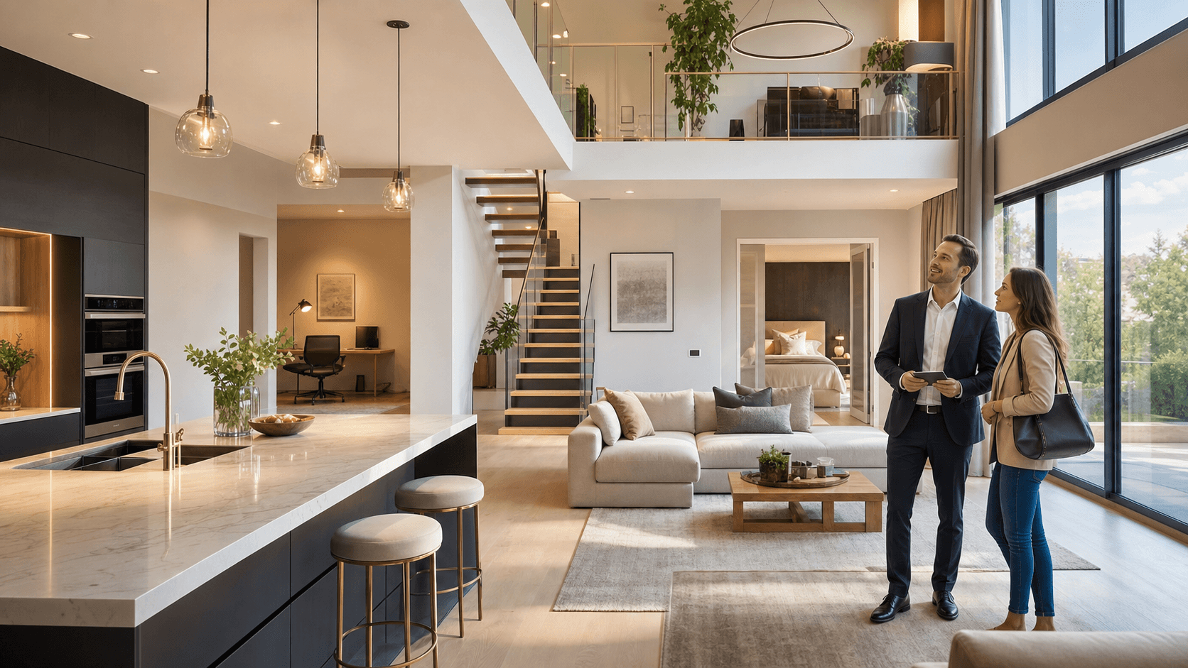 Nowoczesny apartamentowiec w ciepłym świetle, z zielenią na pierwszym planie i niebem w tle.