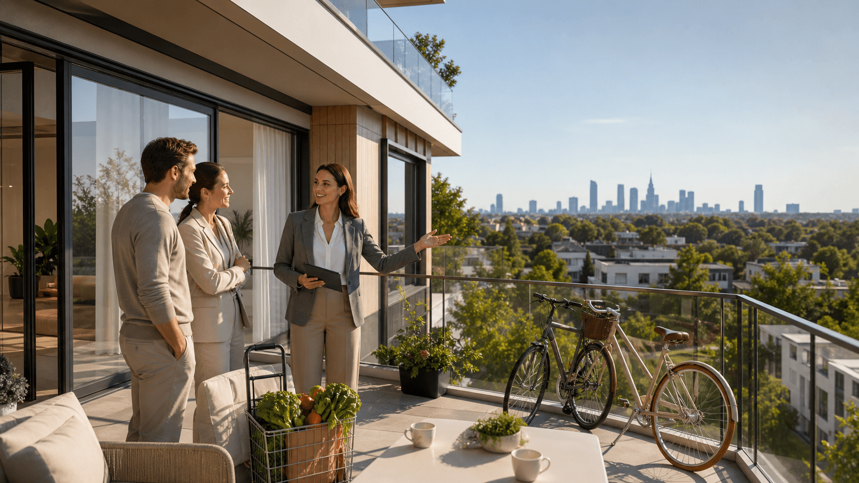Split illustration of two cityscapes with families, green suburb houses on left and tall gray buildings on right.